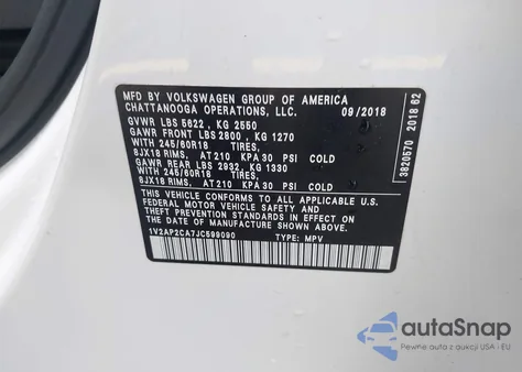 2018 Volkswagen Atlas 2.0T S из США, поврежденный, VIN 1V2AP2CA7JC599090